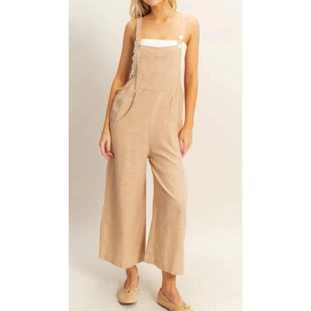 Hyfve Women M Oatmeal Tan Overalls Wide Leg Boho Coastal Casual Chic Festival
